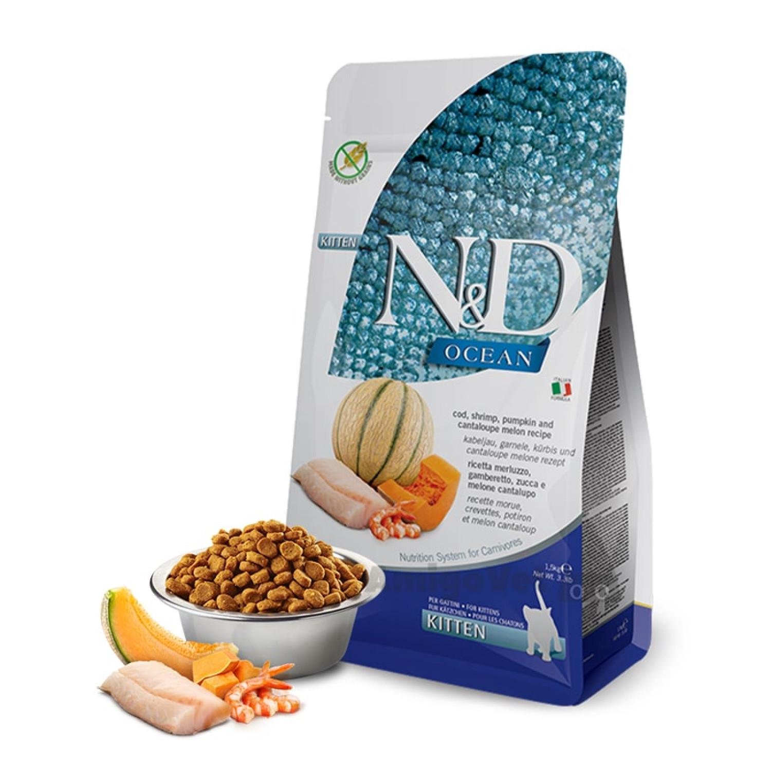 Корм сухой беззерновой Farmina N&D Ocean Kitten Cod/Shrimp/Pumpkin & Cantaloupe Melon с треской/креветками/тыквой для котят 1,5 кг (38852)