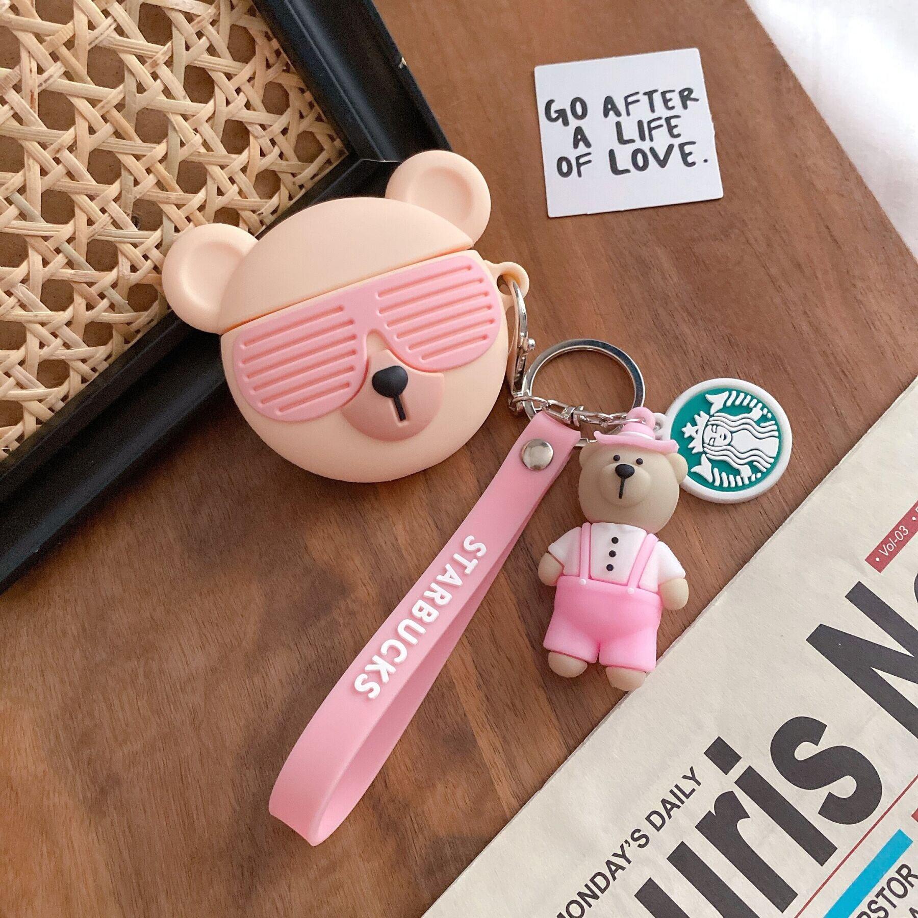 Чехол для Apple Airpods Pro Медвежонок Starbucks в розовых очках с брелком