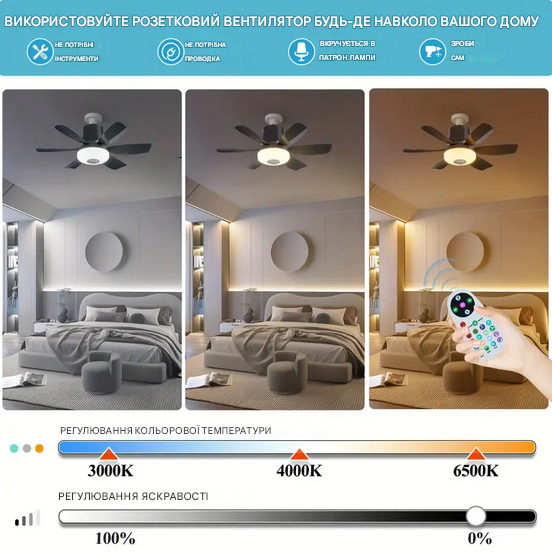 Вентилятор-люстра 4в1 6 лопатей з пультом RGB ритм 47 см 32 Вт Чорний (H180MM) - фото 6 Вентилятор-люстра 4в1 6 лопатей з пультом RGB ритм 47 см 32 Вт Чорний (H180MM) - фото 6