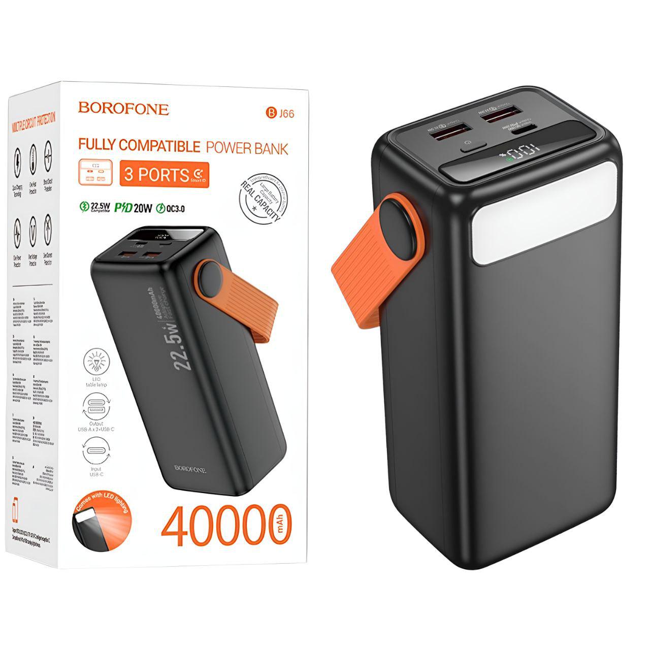 Повербанк Borofone BJ66 40000 mAh Type-C/2xUSB-A 22,5W и PD20W с LED-дисплеем и фонариком Черный (25669248)