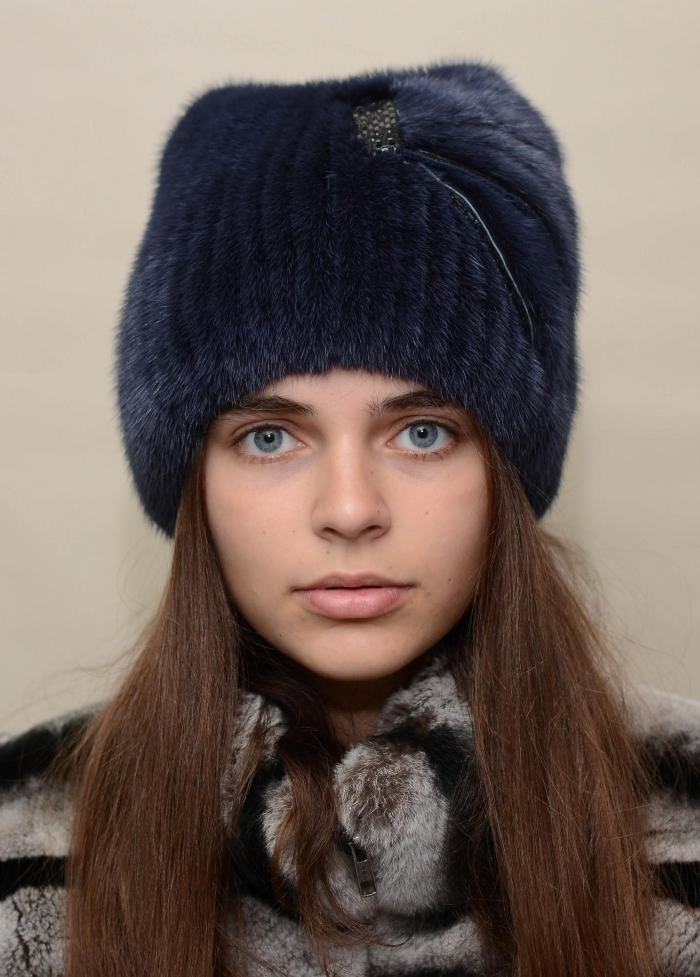 Жіноча в'язана шапка Хутряний стиль Киця із натурального хутра норки XL-XXL Синій (127/G)