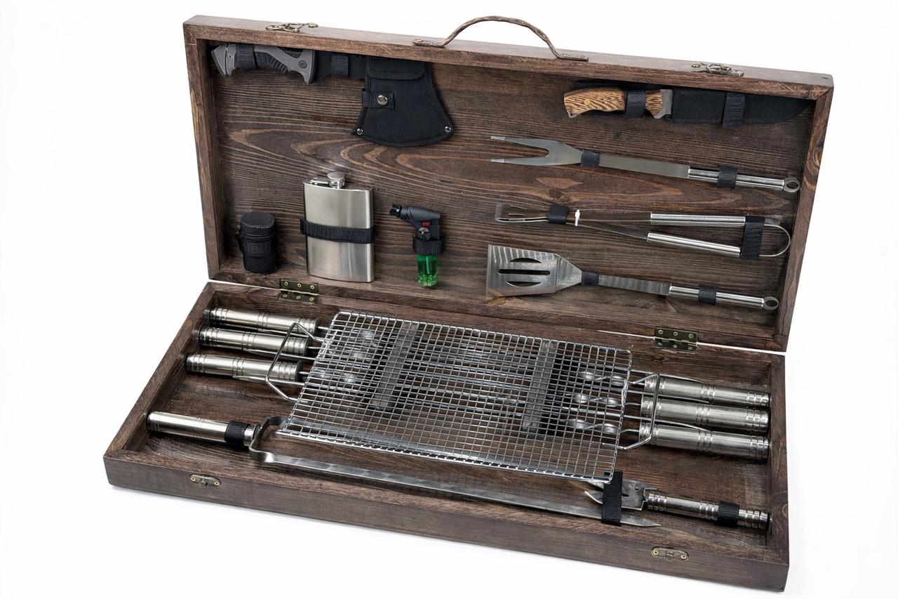 Набор для пикника подарочный BBQ MAX шампуры и аксессуары в кейсе 22 пред. Коричневый (10--164-KS-7504)