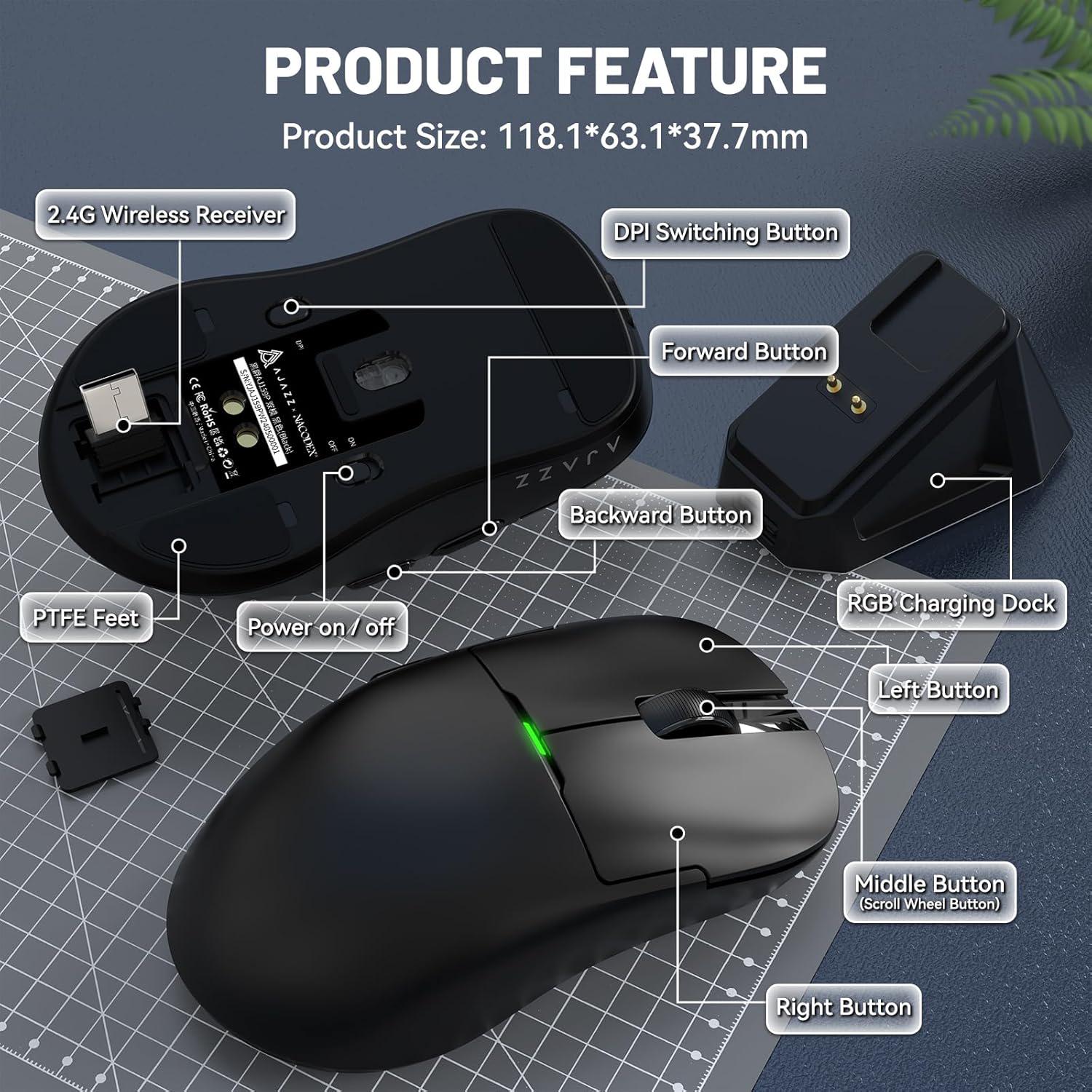 Миша ігрова бездротова Ajazz AJ159P із зарядною док-станцією RGB/сенсором PAW3395/26K DPI/56G/5 програмованими кнопками Black - фото 9 Миша ігрова бездротова Ajazz AJ159P із зарядною док-станцією RGB/сенсором PAW3395/26K DPI/56G/5 програмованими кнопками Black - фото 9