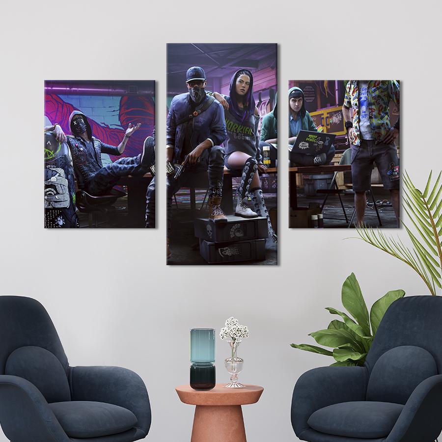 Картина на холсте триптих Персонажи игры Watch Dogs 2 96x60 см (1434-32)