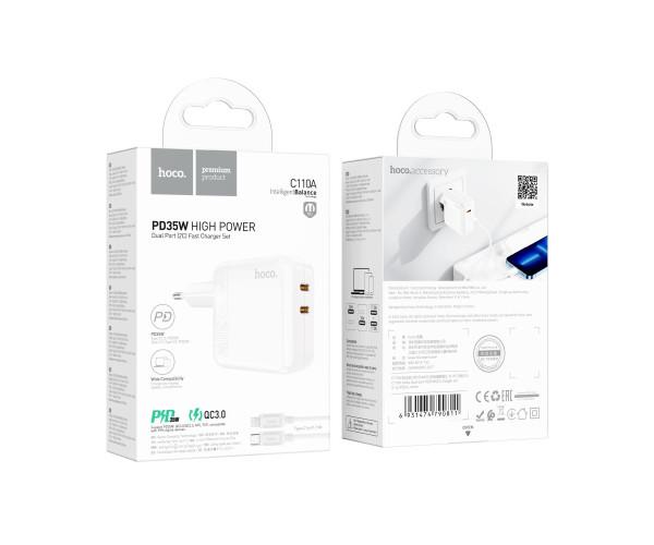 Устройство зарядное сетевое Hoco C110A Lucky 2Type-C QC 3.0 PD35W cable Type-C to Lightning White - фото 2