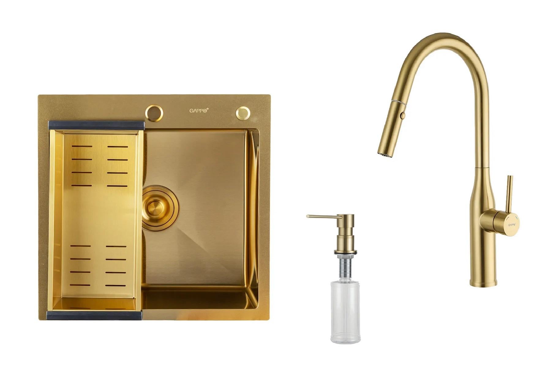 Мойка кухонная Gappo 50/50 из нержавеющей стали со смесителем дозатором и корзиной Золотой (1055888)