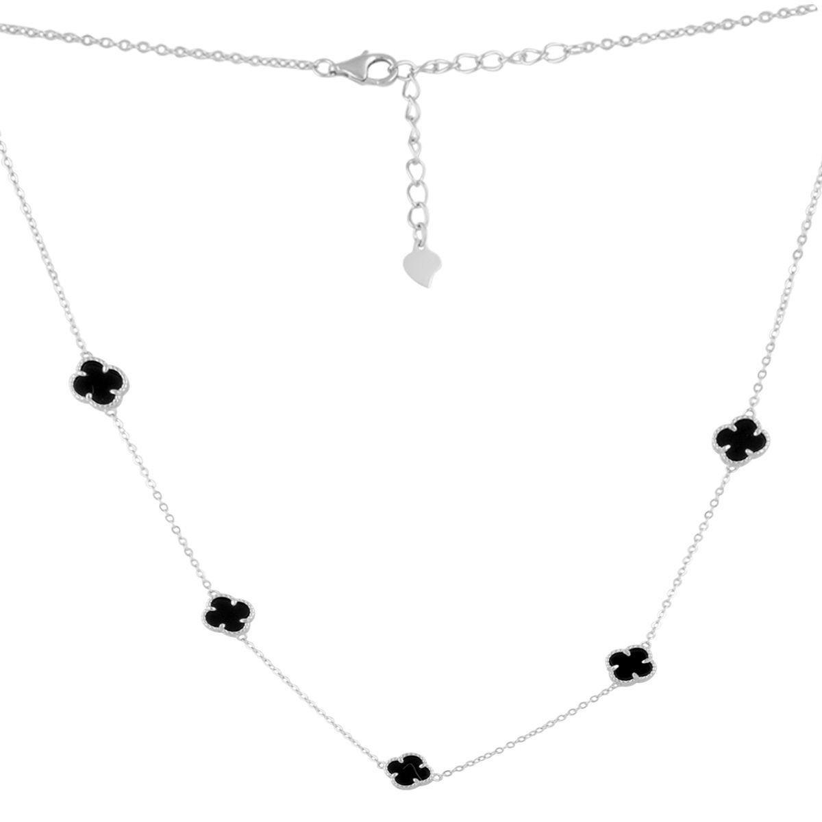 Колье серебряное с черным ониксом в форме четырехлистника 5 шт