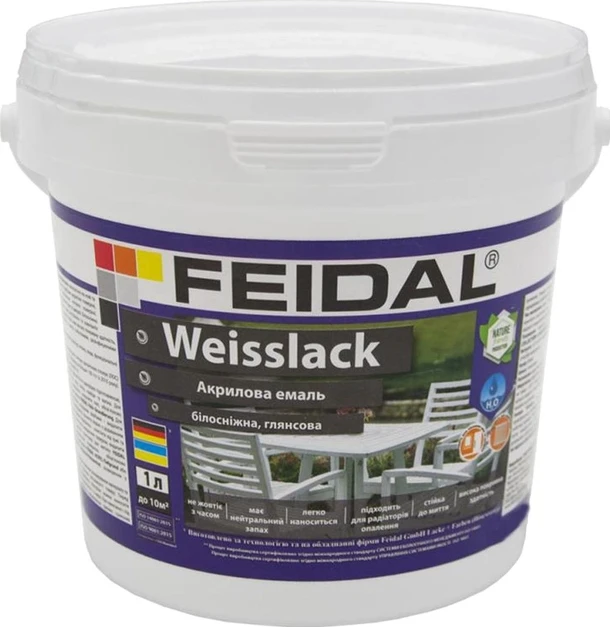 Эмаль акриловая для дерева Feidal Weisslack глянцевая 1 л (1886455379) Эмаль акриловая для дерева Feidal Weisslack глянцевая 1 л (1886455379)