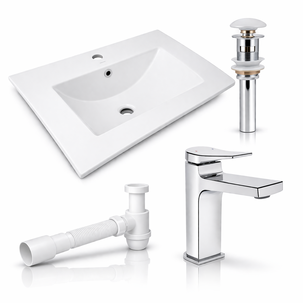 Комплект Qtap Albatross 620×460 White врізна раковина/змішувач Nando Chrome/донний клапан Pop-up PU02O/сифон (48473/48649)