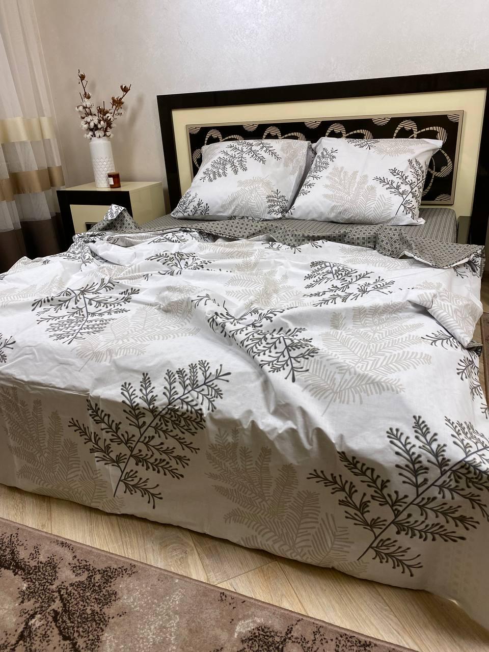 Комплект постільної білизни Рослини 200х220 см євро бавовняний 50х70 см Білий/Сірий