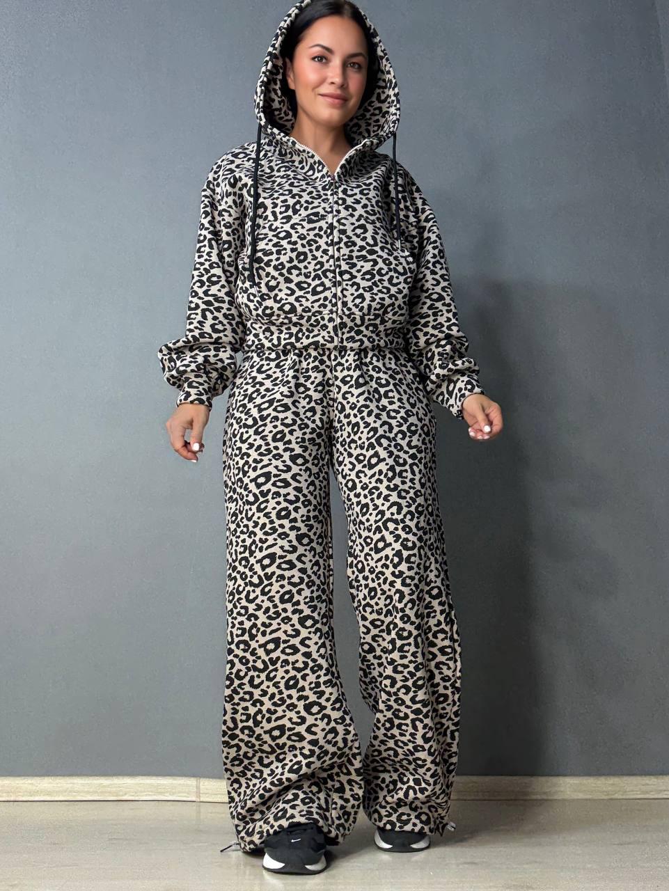 Костюм жіночий W 9231 худі з брюками палаццо леопардовий принт фліс S Коричневий (2808)