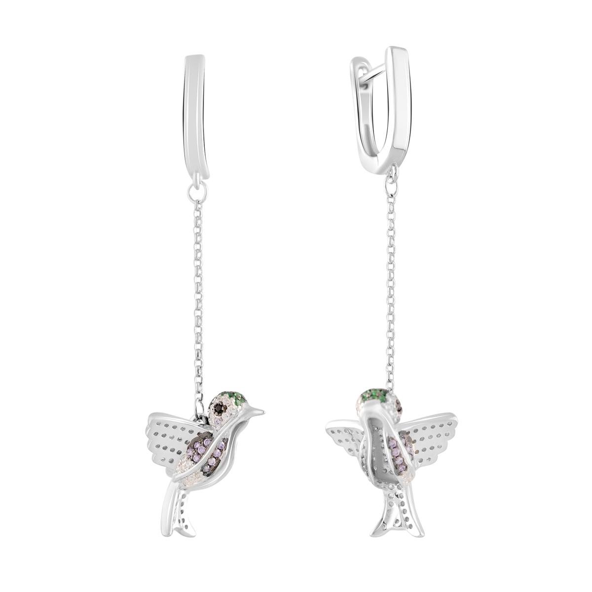 Серьги серебряные с фианитами и птичками Серьги серебряные с фианитами и птичками