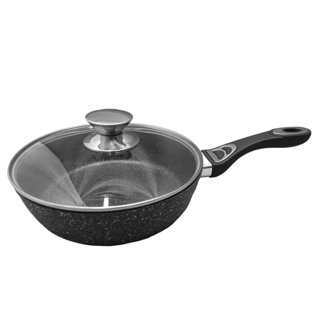 Сковорода с крышкой глубокая Benson BN-482 мраморное антипригарное покрытие 24 см (BSK-000002)