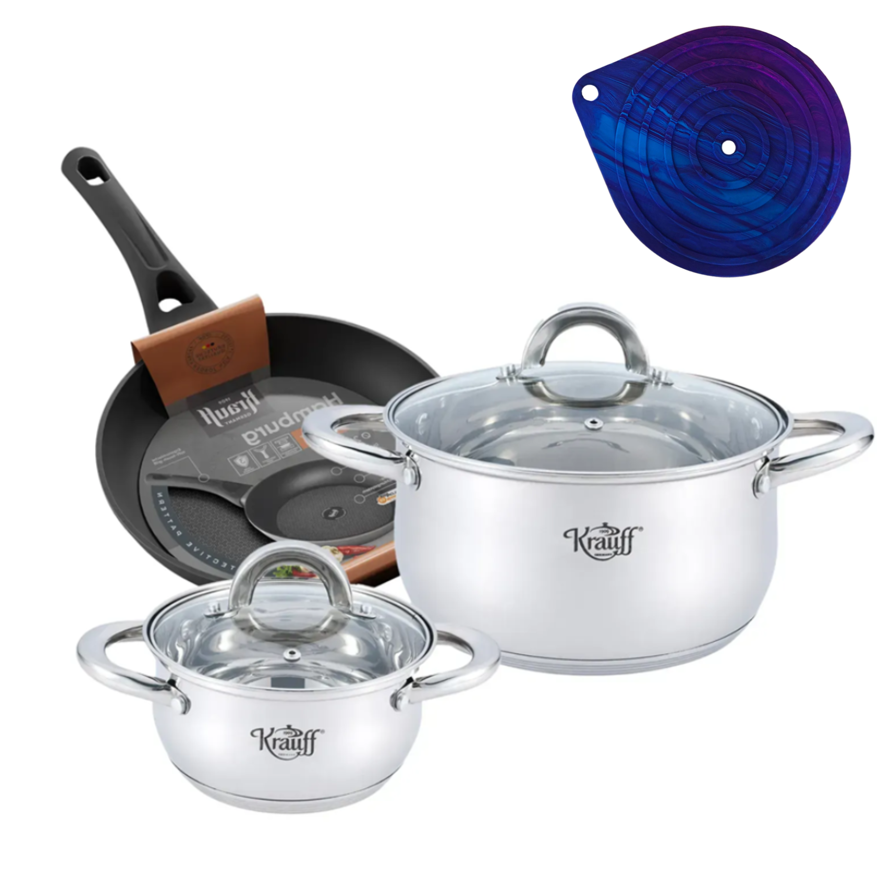 Набор кастрюль Krauff Steil и сковородки Hamburg 20 см с кухонными принадлежностями (28483)