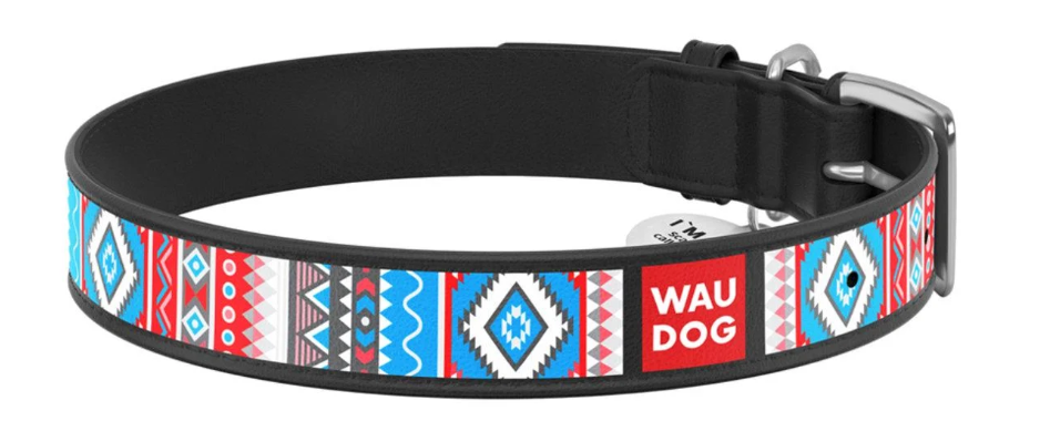 Ошейник для собак кожаный WAUDOG Design с QR паспортом Этно L 25 мм 38-49 см Черный (Collar37761)