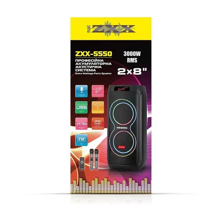 Портативна колонка беспроводна акустична ZXX 5550 80Вт 2x8" TWS/FM/USB/TF/BT/REC/LED/2MIC/ДК (5679) - фото 2
