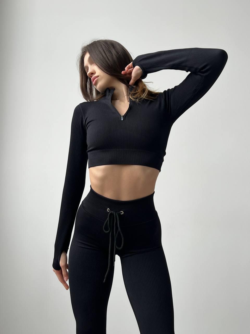 Костюм спортивный в рубчик рашгард/леггинсы M Черный (KM01M)