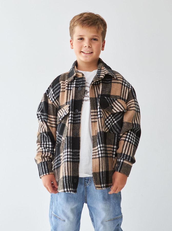 Рубашка детская утепленная Клетка 1506-1 158 см Бежевый (158133) - фото 5