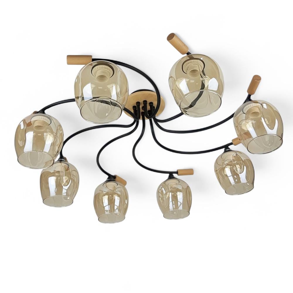 Потолочная люстра Sneha с золотистыми стеклянными плафонами и деревянными вставками на 8 ламп Черный (999399)