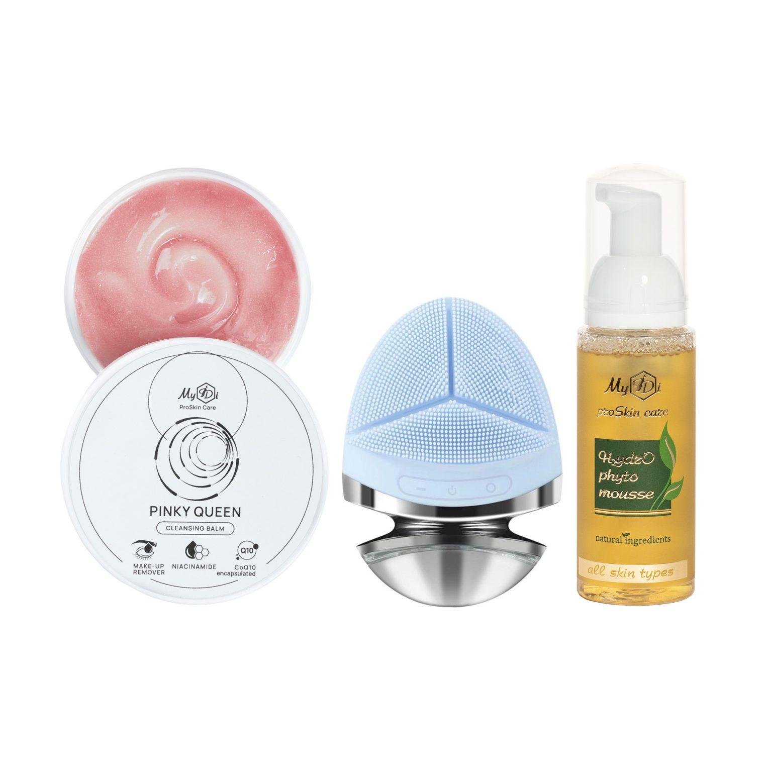 Набор для двухэтапного очищения и массажа с бальзамом муссом и ультразвуковой электрощеткой MyIDi Set Pinky Queen (A00017)