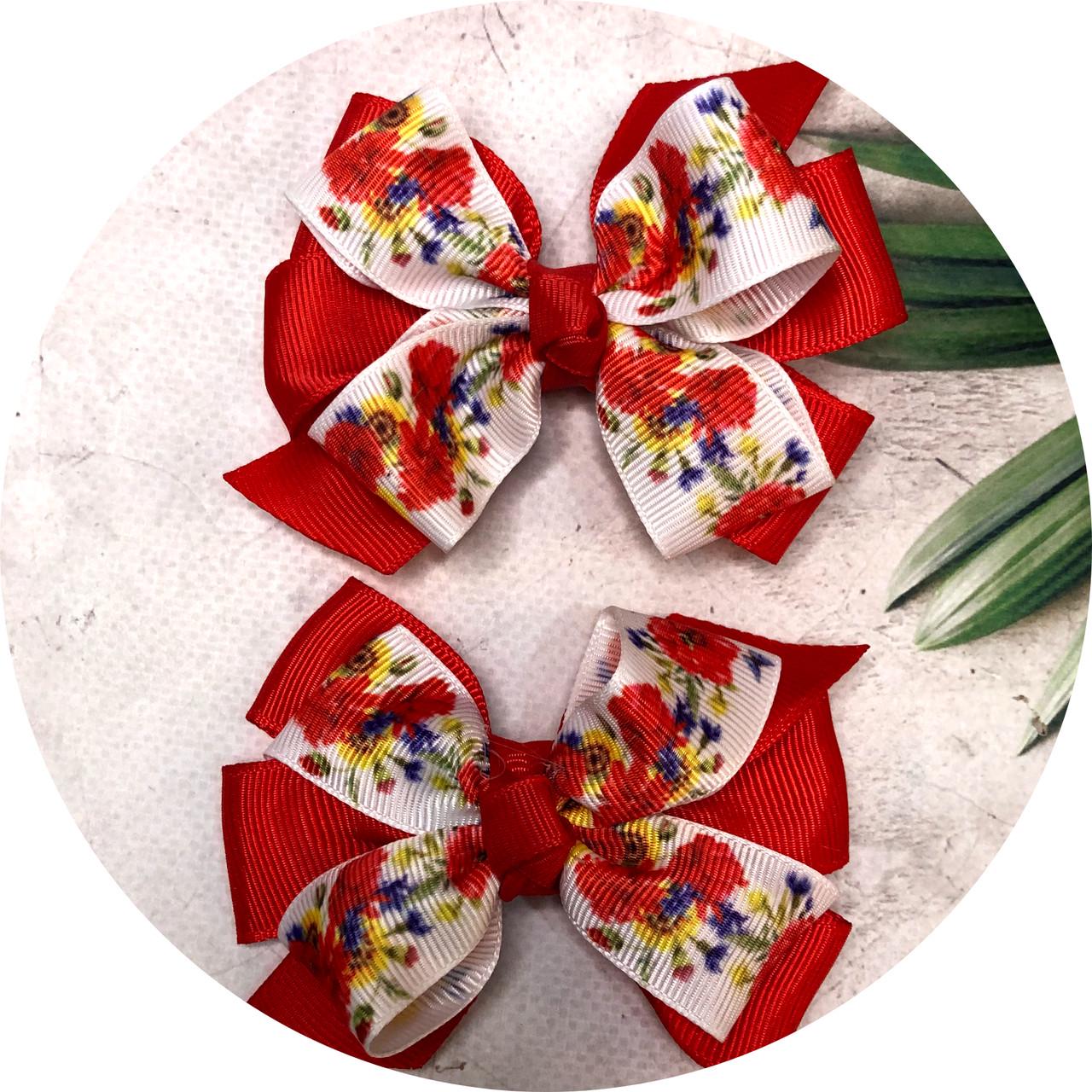 Бантики детские на резинке Украинский орнамент 8 см 2 шт. Красный (11428)