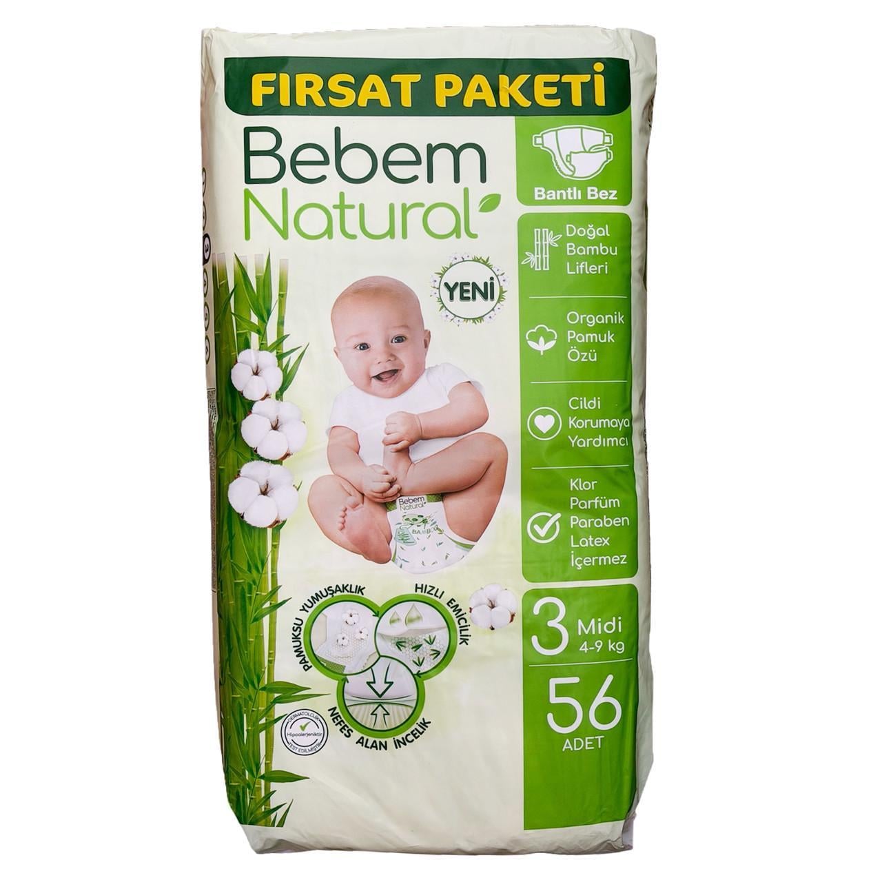 Підгузки дитячі Bebem Natural 3 Midi 4-9 кг 56 шт. (id_14837)