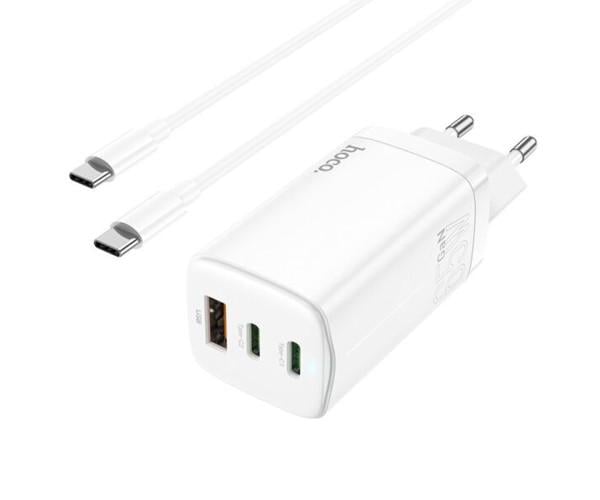 Пристрій зарядний мережевий Hoco N16 1USB 2Type-C PD65W cable Type-C to Type-C White Пристрій зарядний мережевий Hoco N16 1USB 2Type-C PD65W cable Type-C to Type-C White