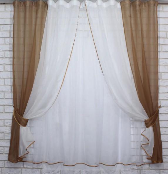 Комплект шторы/тюль шифон 280х150 см Коричневый/Бежевый/Белый (038к) Комплект шторы/тюль шифон 280х150 см Коричневый/Бежевый/Белый (038к)