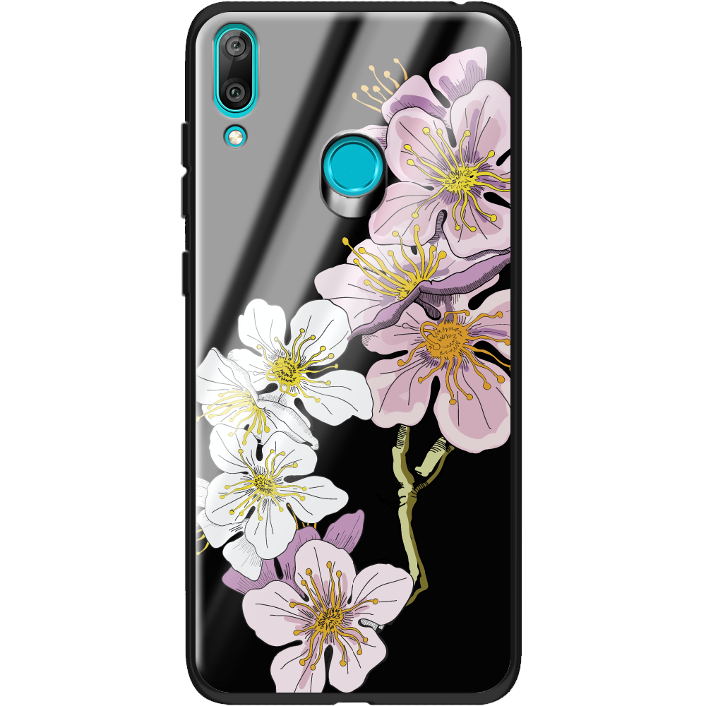 Чехол Boxface Huawei Y7 2019 Cherry Blossom Черный силикон со стеклом (36044-cc4-37730)