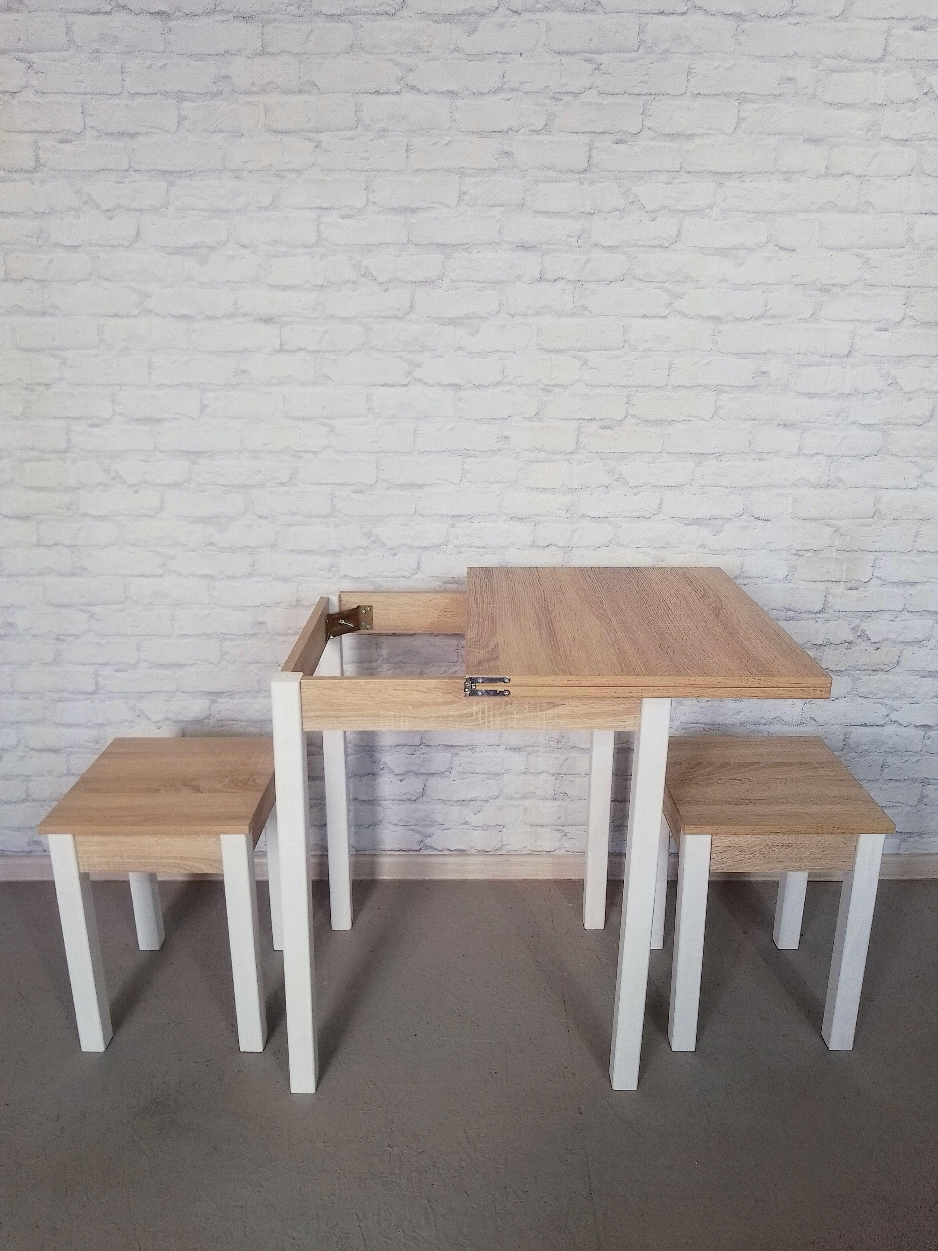 Обеденный стол и 2 табурета Смарт раскладной/ножки деревянные 60х50х75 см/34х34х45 см Дуб сонома/Белый (0022) - фото 4 Обеденный стол и 2 табурета Смарт раскладной/ножки деревянные 60х50х75 см/34х34х45 см Дуб сонома/Белый (0022) - фото 4