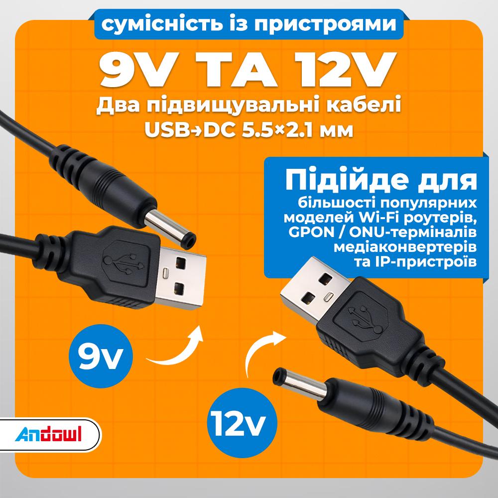 UPS-комплект для роутера Andowl 81 и быстрая зарядка с кабель-переходником USB DC 9/12V 40000 mAh Черный (68389528) - фото 4
