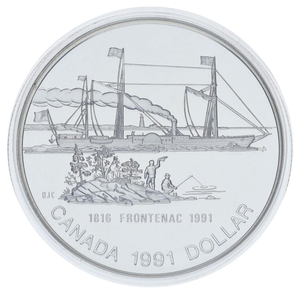 Коллекционная монета Канада 1 доллар 1991 серебро UNC 175 лет кораблю Frontenac (М19535)