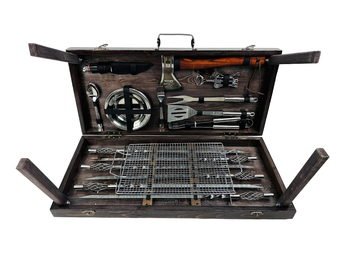 Набор шампуров подарочный BBQ эксклюзив в деревянном кейсе на 31 предмет (106-10-KS-7512)