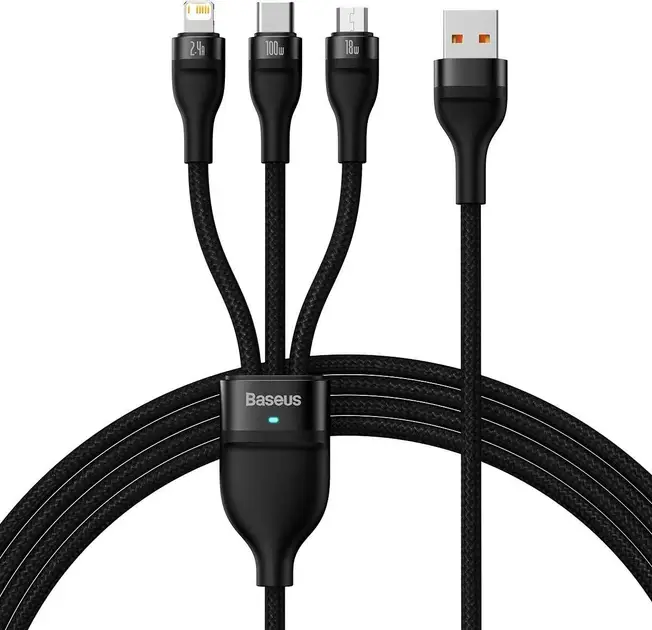 Кабель BASEUS Flash Series Ⅱ One-for-three Fast Charging Data Cable USB to Lightning/Type-C/MicroUSB CASS030001 100W 1,2 м Black