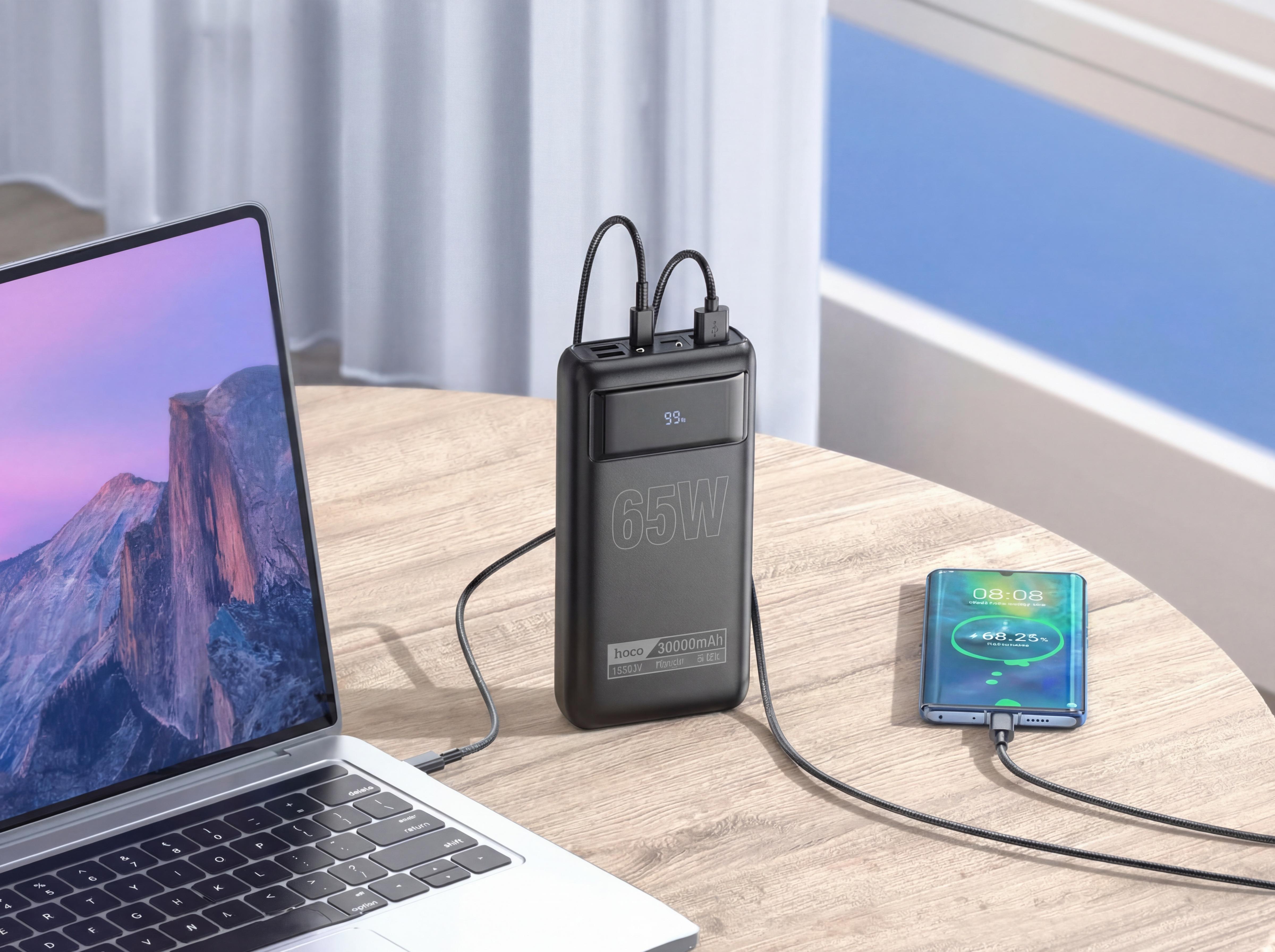 Повербанк Hoco 30000 mAh 65W ліхтарик 4хUSB/2хType-C Чорний (511261) - фото 3