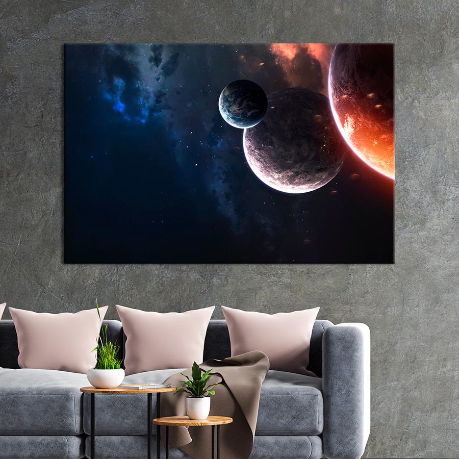 Картина на холсте Три планеты в космосе 80x54 см (V221-1_L) Картина на холсте Три планеты в космосе 80x54 см (V221-1_L)
