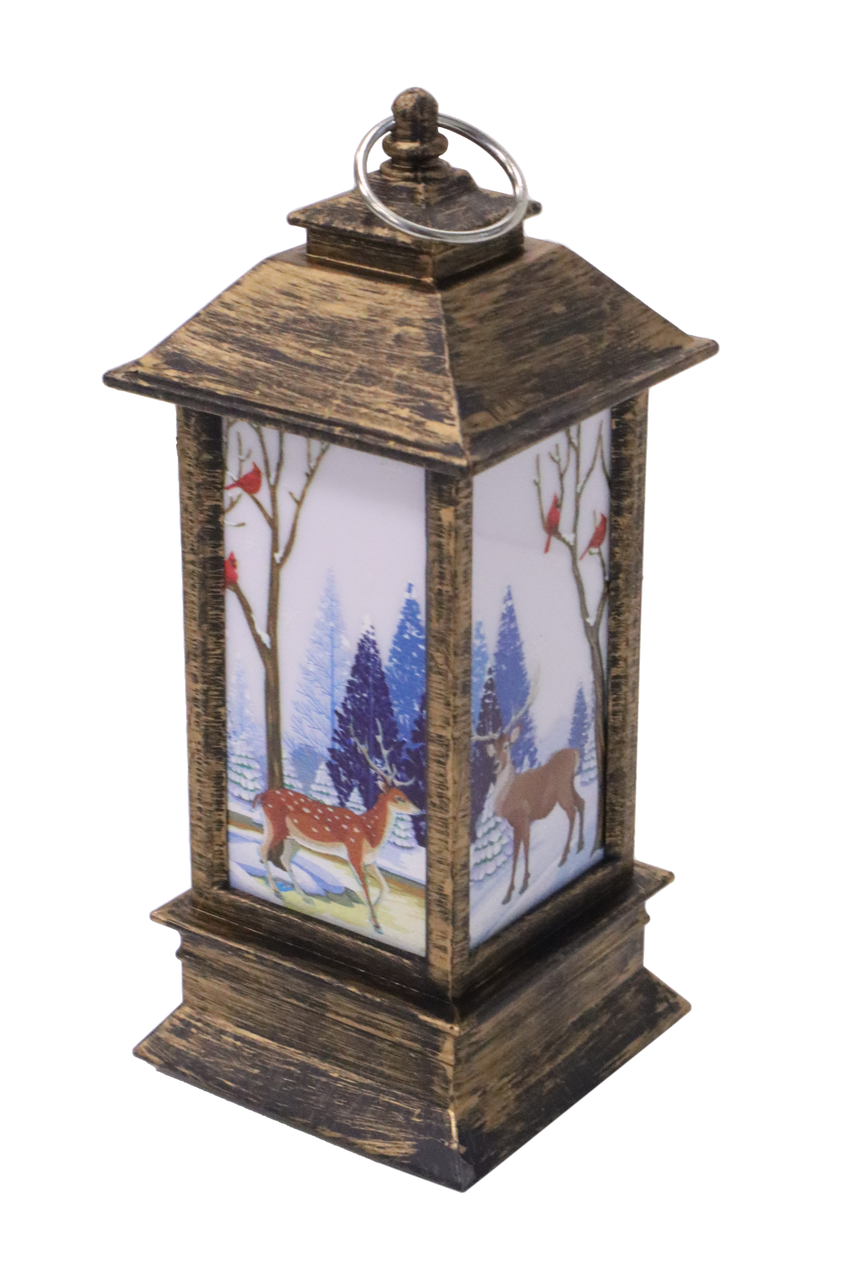 Игрушка новогодняя на елку Фонарик с рисунком оленей из дерева с кольцом (1531996620)