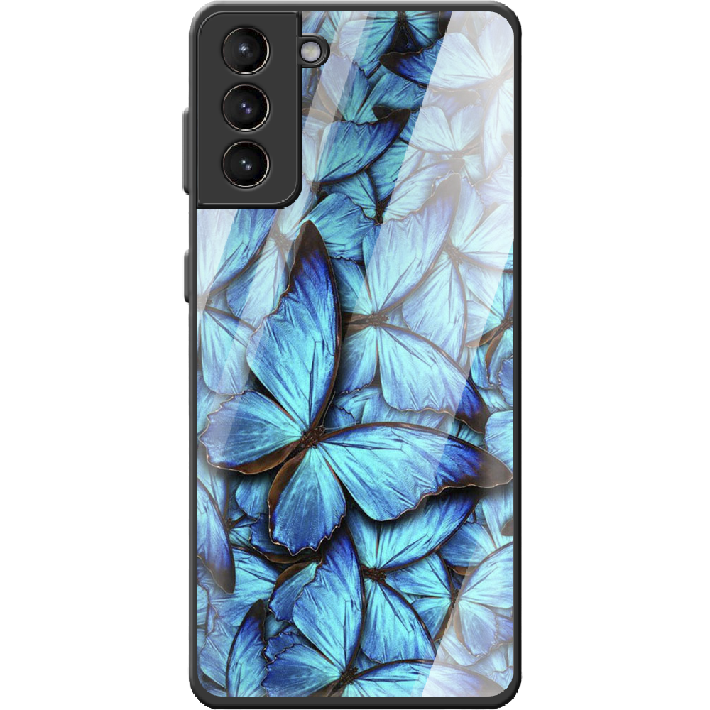 Чехол BoxFace Samsung G991 Galaxy S21 лазурные бабочки Черный силикон со стеклом (41709-up1550-42229)