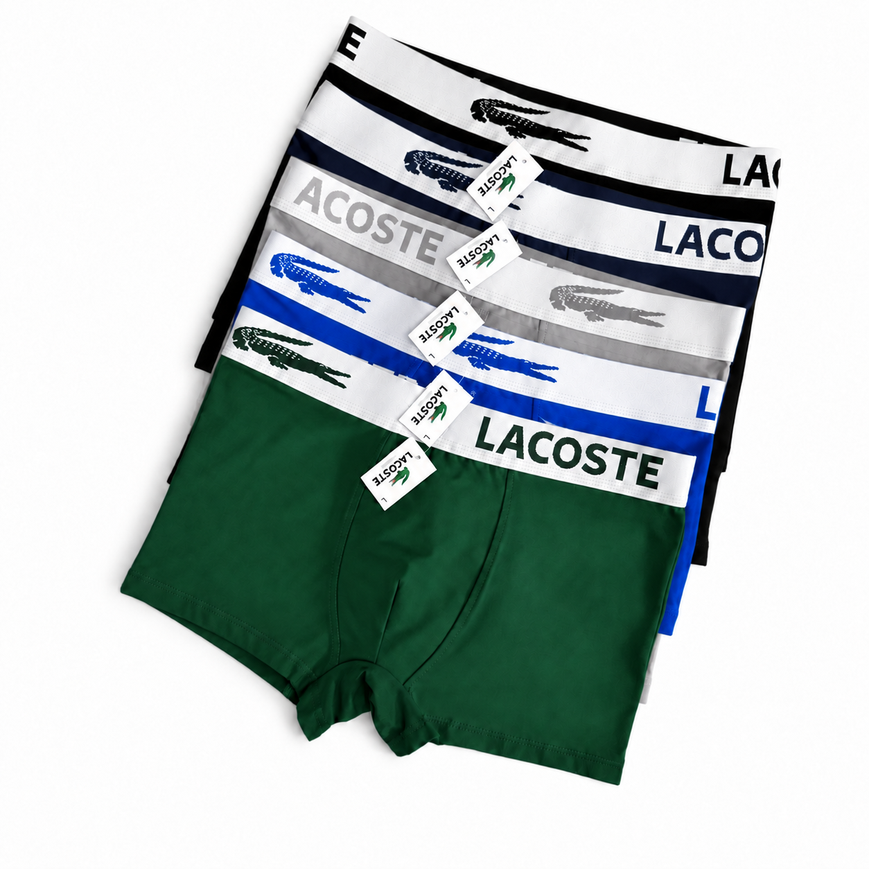 Боксеры мужские в стиле Lacoste размер 3ХL 5 шт. с белым поясом Черный/Темно-синий/Серый/Синий/Темно-зеленый (LC01-5-02)