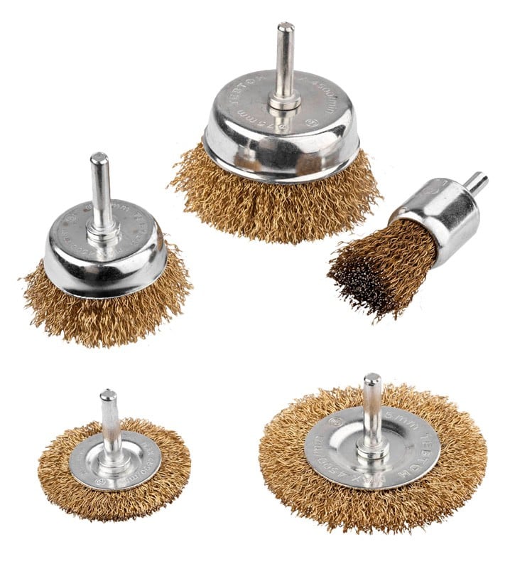 Набір щіток MasterTool торцевих 25/50/75 мм/дискова 50/75 мм з латуньованого рифленого дроту зі стрижнем 5 шт. (19-9501)