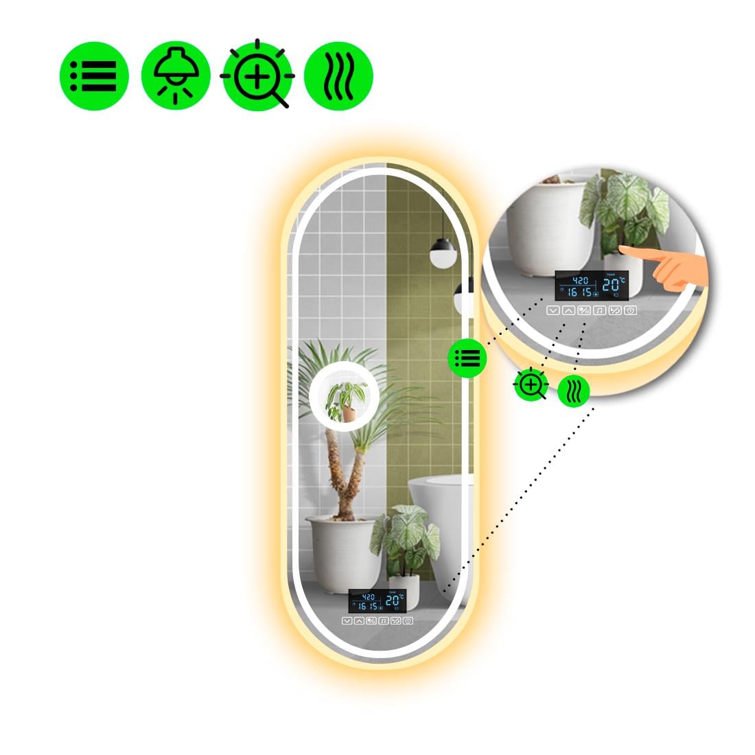 Зеркало с LED подсветкой Portale 4 с Smart-блоком/линзой с подсветкой и подогревом 140x55 см (8994478)