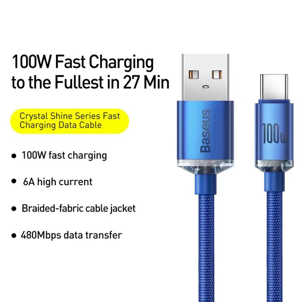 Кабель для швидкої зарядки BASEUS USB Type-C 5A 100W Crystal Shine Series 2 метри синій (CAJY000503) - фото 3 Кабель для швидкої зарядки BASEUS USB Type-C 5A 100W Crystal Shine Series 2 метри синій (CAJY000503) - фото 3