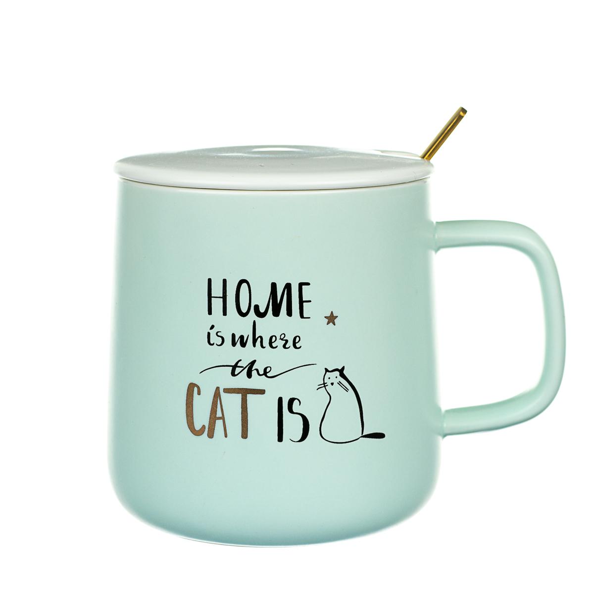 Кружка керамическая с крышкой Elisey Домашний Котик 300 мл Зеленый (8424-021).