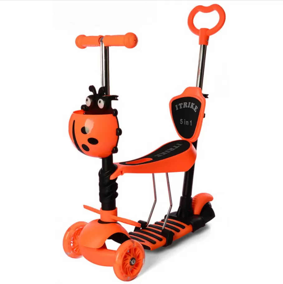 Самокат беговел 5в1 Scooter PC0336 с родительской ручкой и корзинкой Оранжевый