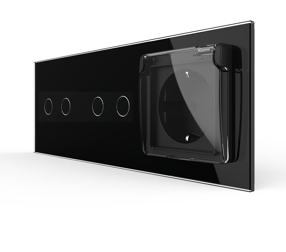 Выключатель умный проходной Livolo сенсорный 4 сенсора 2-2 с розеткой/крышкой IP44 с заземлением стекло Черный Выключатель умный проходной Livolo сенсорный 4 сенсора 2-2 с розеткой/крышкой IP44 с заземлением стекло Черный