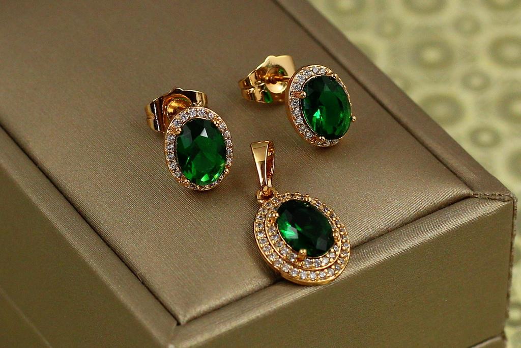Набор Xuping Jewelry овал с зеленым камнем Золотистый (28189142)