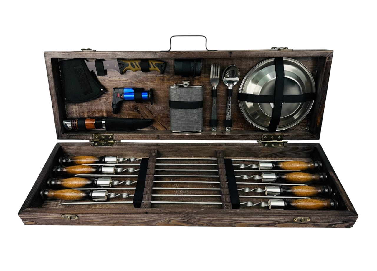 Набор шампуров Пикник с аксессуарами для пикника 36 предметов в деревянном кейсе 74х24х10 см Коричневый (124-10-KS-7603)