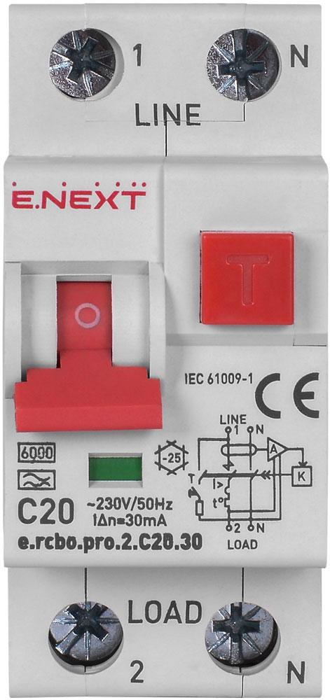 Диференційний вимикач E.NEXT e.rcbo.pro.2.C20.30 1P+N 20А 30мА С тип A (p0720027) - фото 2