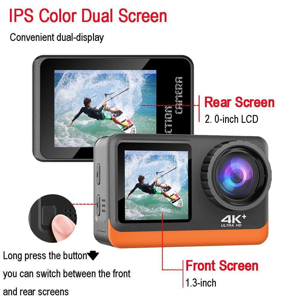 Экшн камера с двойным экраном и сенсором 4К 60fps с картой 64 Гб и кейсом (1928667018) - фото 4
