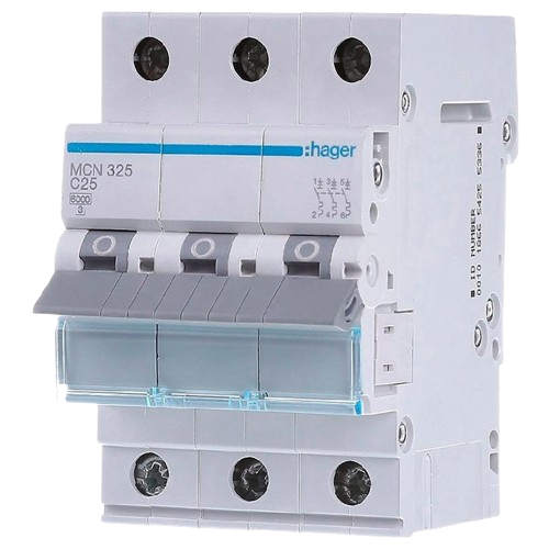 Автоматический выключатель модульный Hager MCN325 3 фаза C-25A ток короткого замыкания 6 kA (32202200)